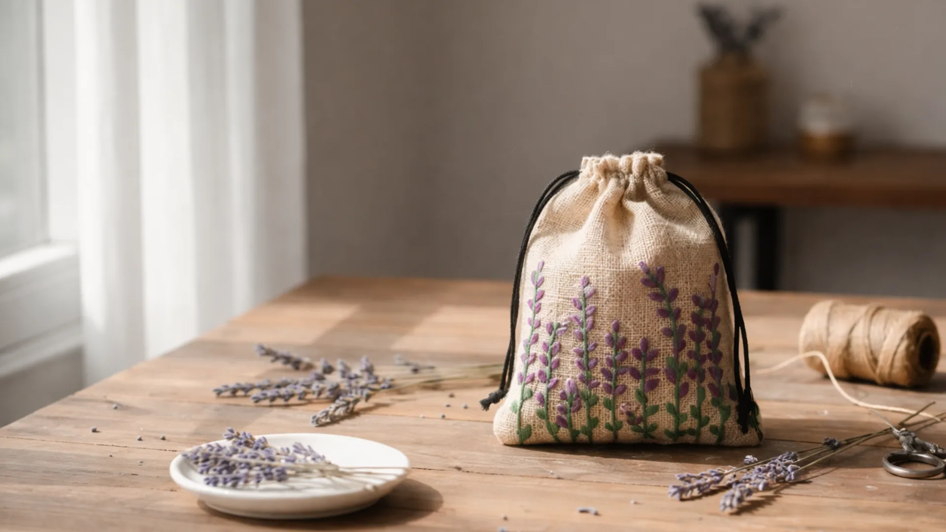 Jute drawstring pouch on a wooden table