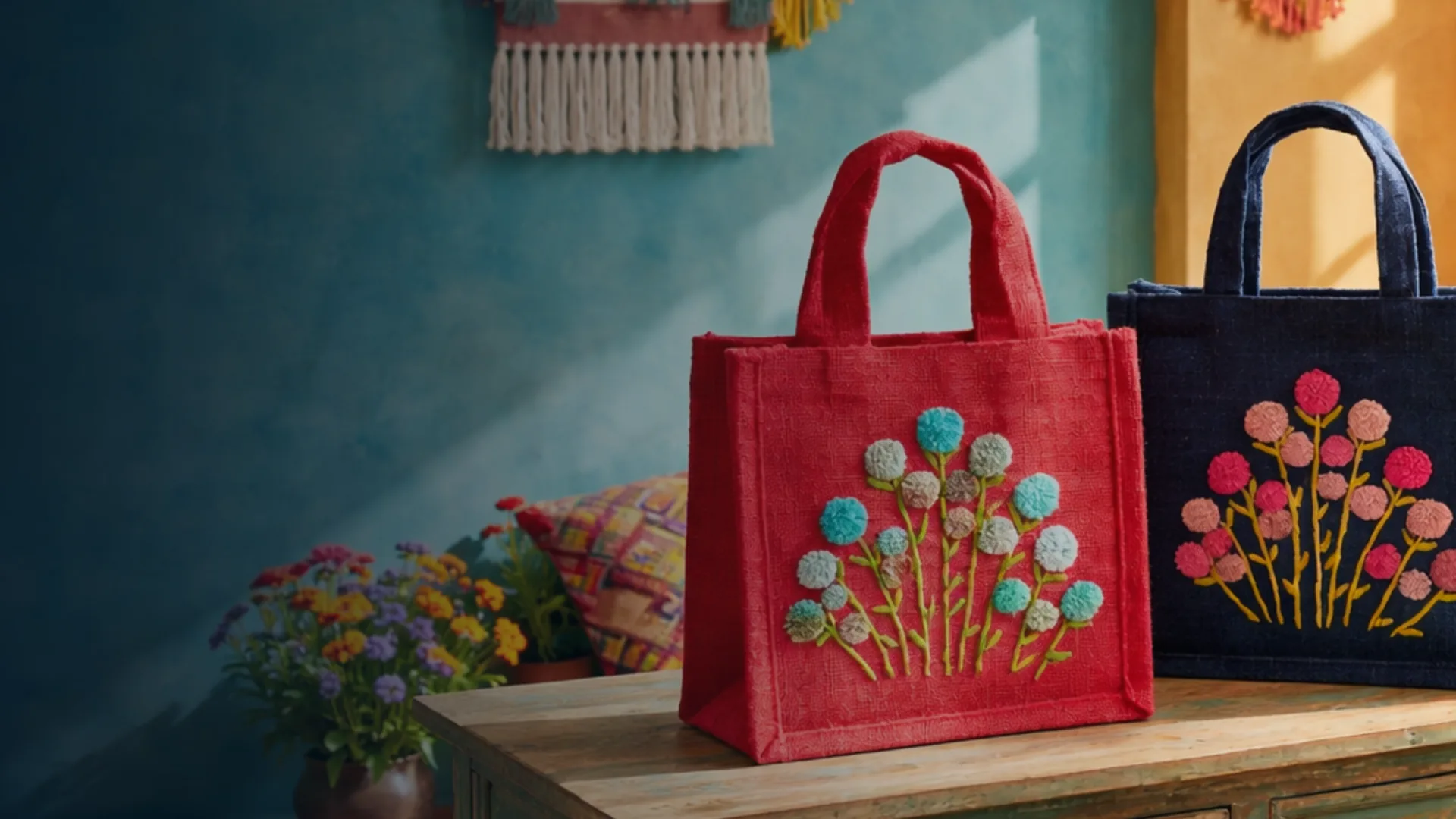 Hand-embroidered jute bags made by our artisans