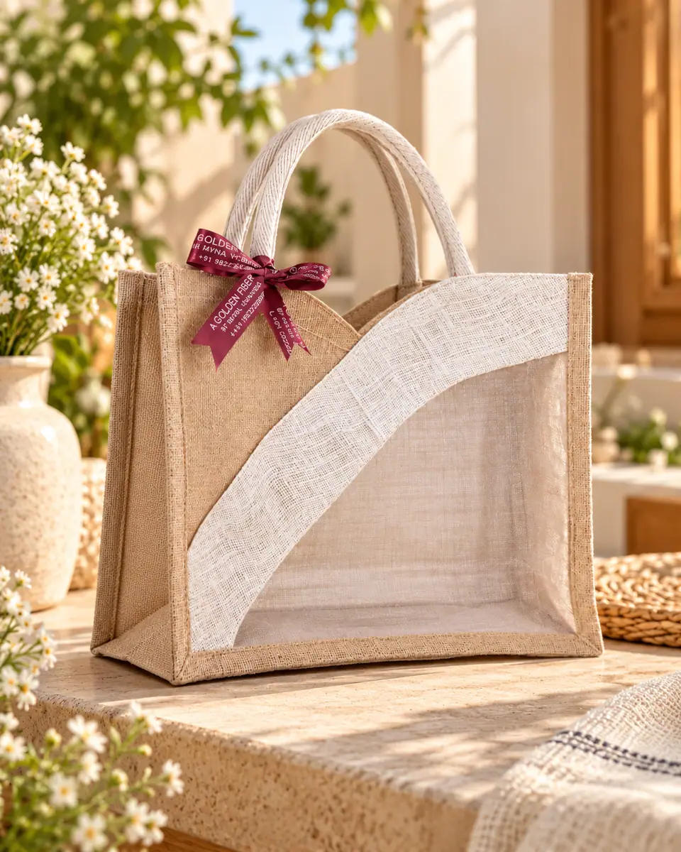 Natural Jute Window Bag with Organza Panel & Ribbon