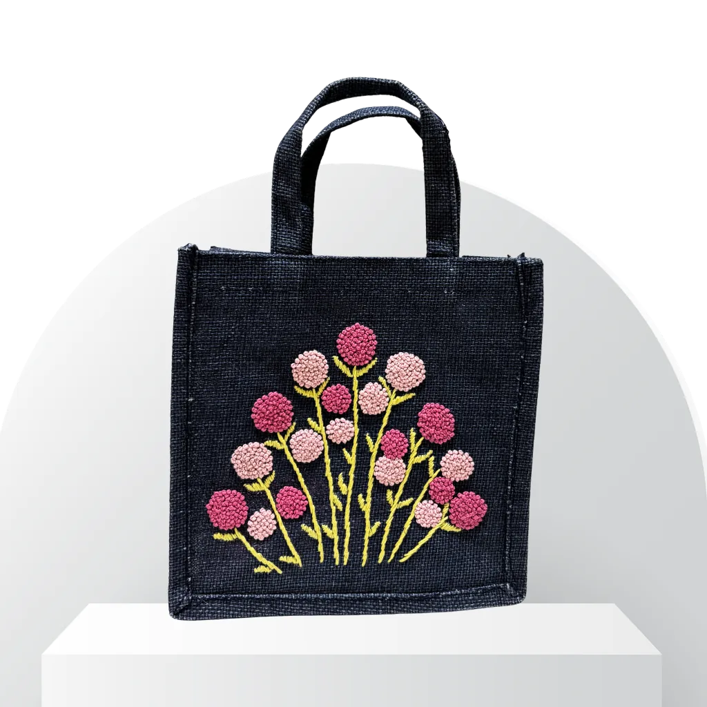 Navy Blue Jute Bag with Pink Floral Hand Embroidery