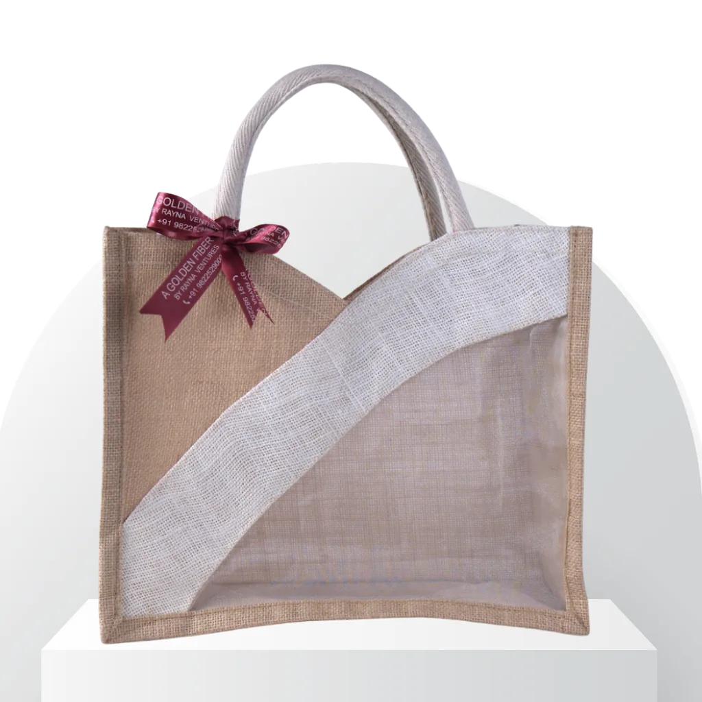 Natural Jute Window Bag with Organza Panel & Ribbon