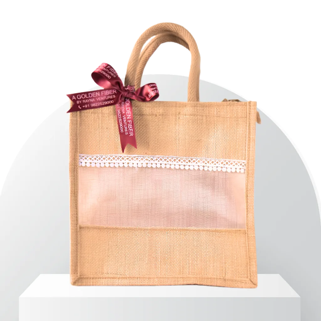 Ivory Jute Window Bag with Organza & Lace Trim