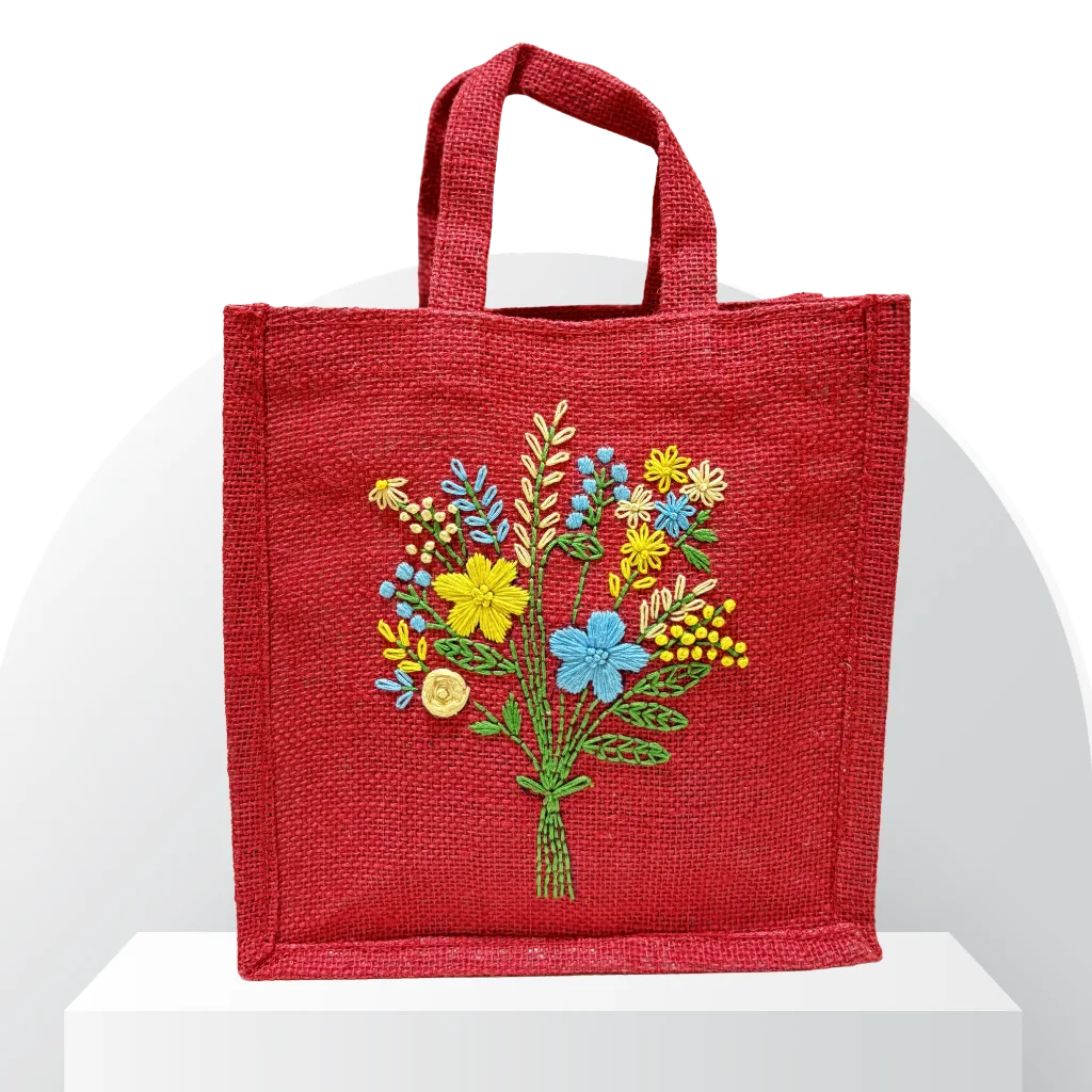 Red Jute Bag with Floral Hand Embroidery (Bouquet)