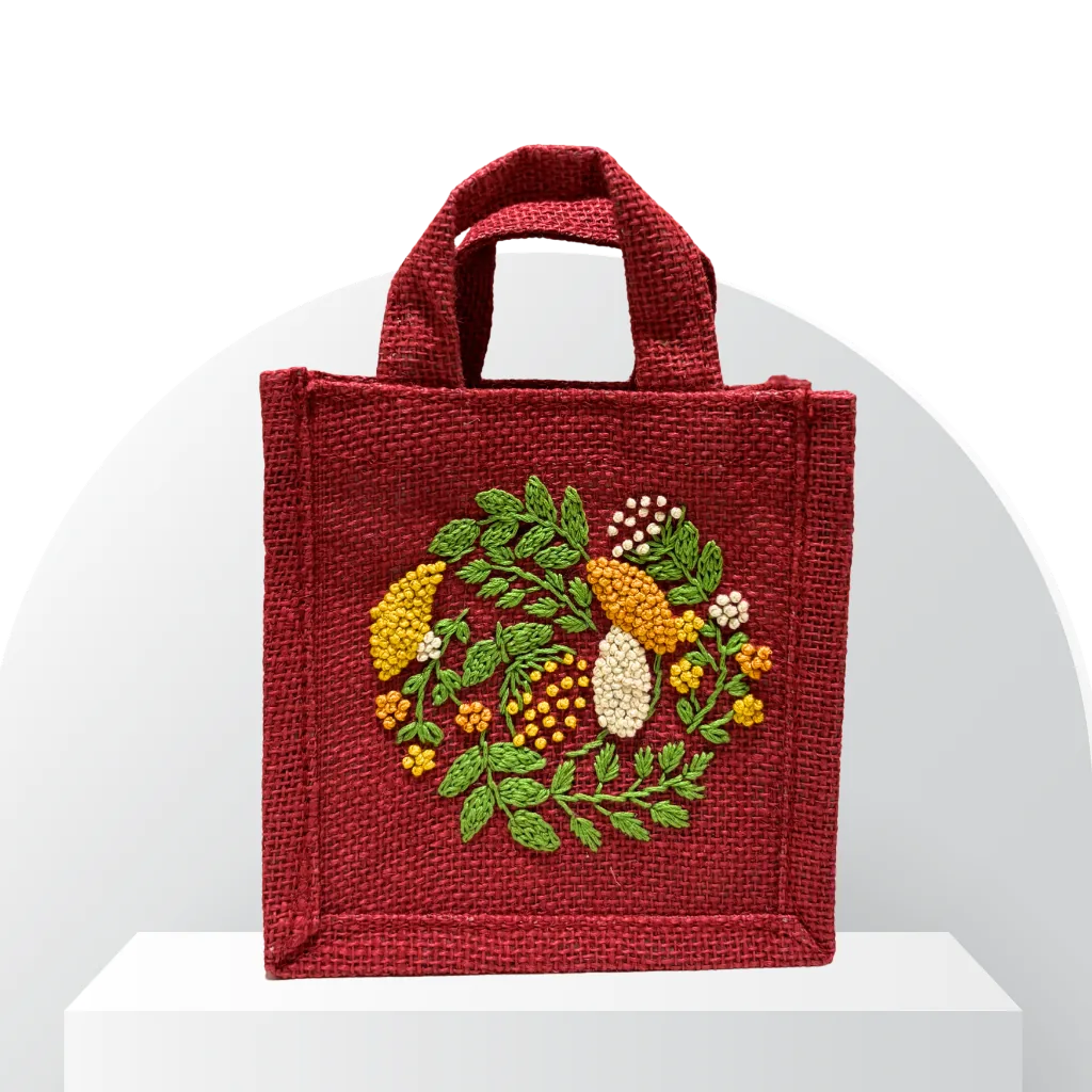 Maroon Jute Bag with Floral Wreath Hand Embroidery